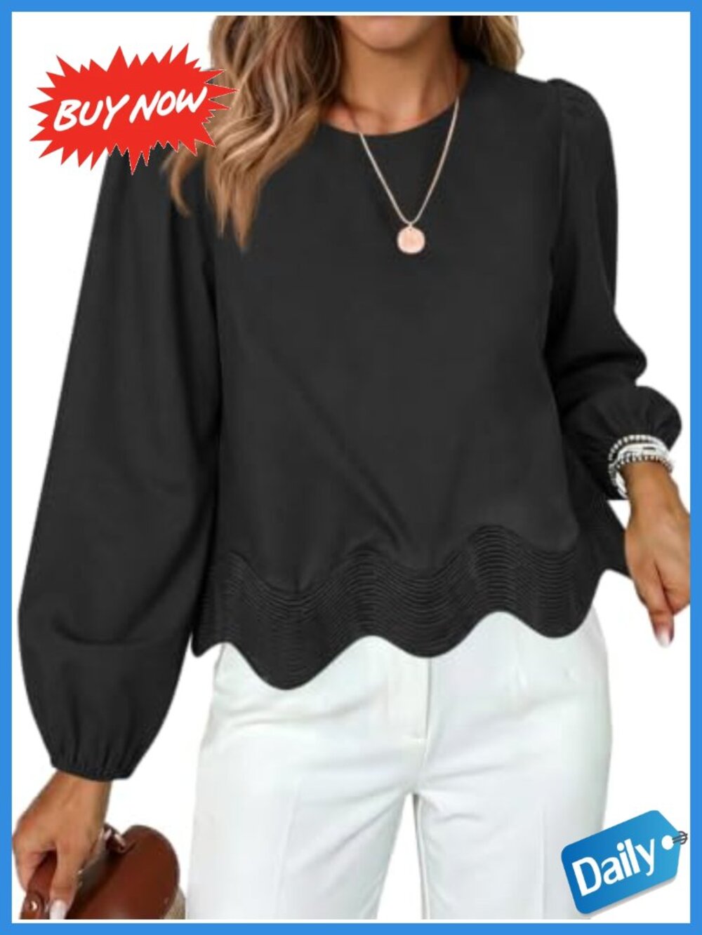 Scalloped Hem Puff Sleeve Crop Blouse Business Casual